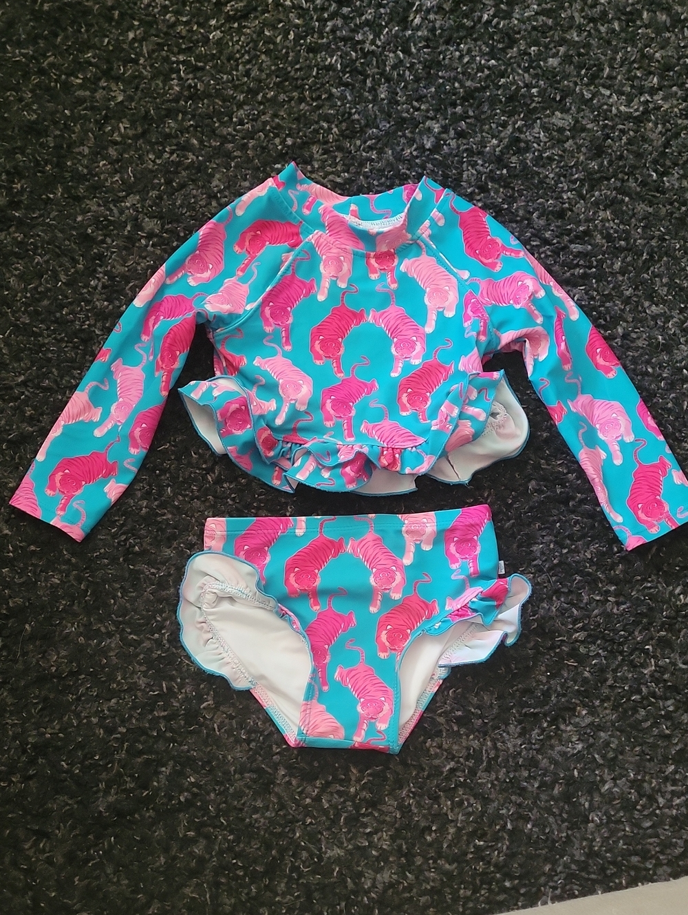 Posh Peanut Teal and Pink Long Sleeve Kids Rashguard Two-Piece Swim Set